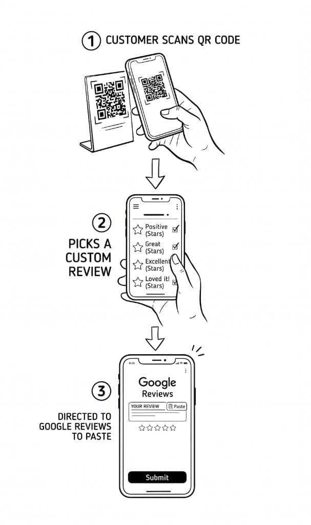 Three steps: scan a QR code, pick a review, paste it on Google Reviews.